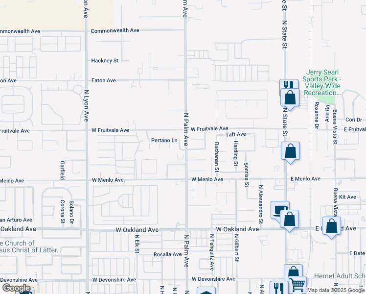 map of restaurants, bars, coffee shops, grocery stores, and more near 828 Kalima Lane in Hemet