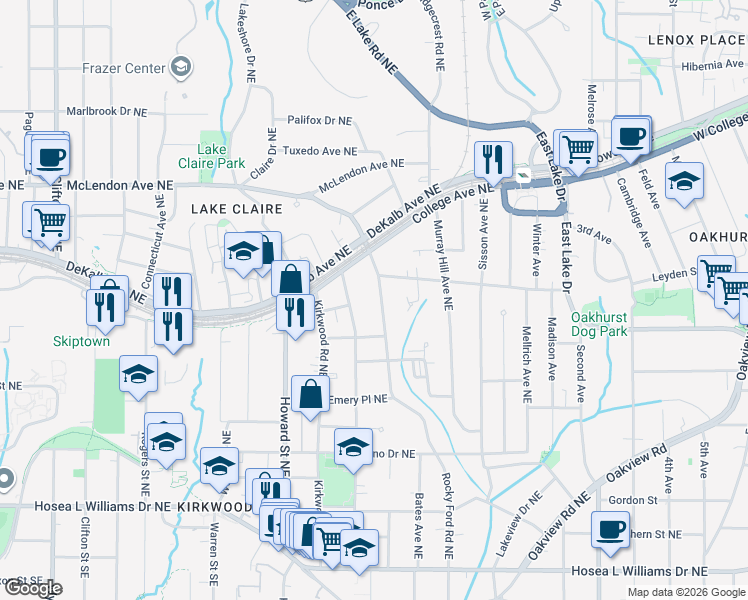 map of restaurants, bars, coffee shops, grocery stores, and more near 274 Rockyford Road Northeast in Atlanta