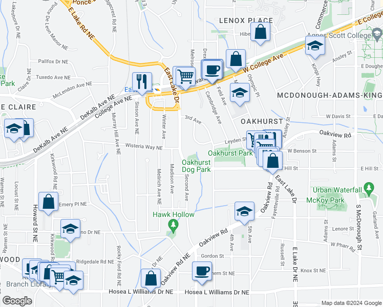 map of restaurants, bars, coffee shops, grocery stores, and more near 316 East Lake Drive in Decatur