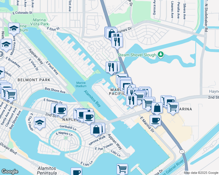 map of restaurants, bars, coffee shops, grocery stores, and more near 6101 Marina Pacifica Drive in Long Beach