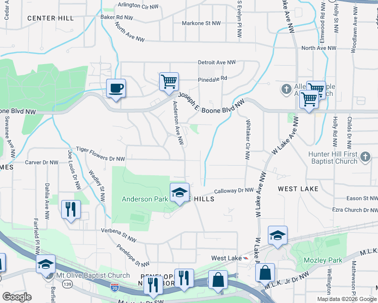 map of restaurants, bars, coffee shops, grocery stores, and more near 209 Anderson Avenue Northwest in Atlanta