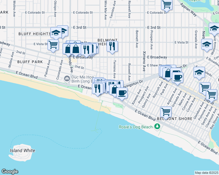 map of restaurants, bars, coffee shops, grocery stores, and more near 3950 East Ocean Boulevard in Long Beach