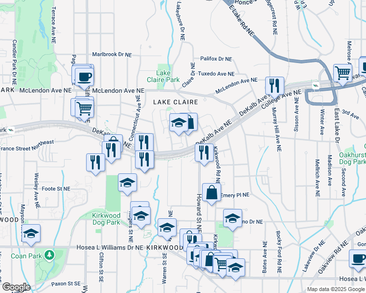 map of restaurants, bars, coffee shops, grocery stores, and more near 1900 Southerland Terrace Northeast in Atlanta