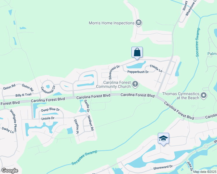 map of restaurants, bars, coffee shops, grocery stores, and more near 2102 Silvercrest Drive in Myrtle Beach