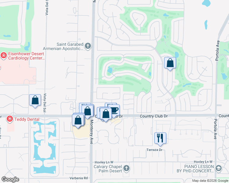 map of restaurants, bars, coffee shops, grocery stores, and more near 269 Corte San Marco in Palm Desert