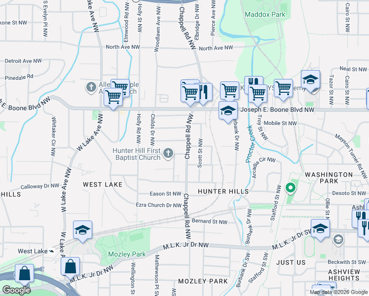 map of restaurants, bars, coffee shops, grocery stores, and more near 190 Chappell Road Northwest in Atlanta