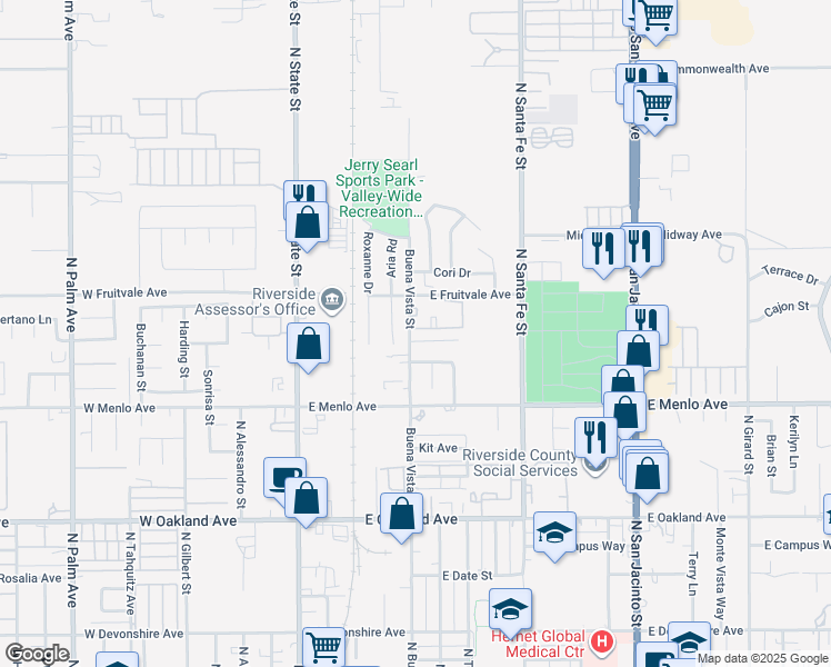 map of restaurants, bars, coffee shops, grocery stores, and more near 828 North Buena Vista Street in Hemet