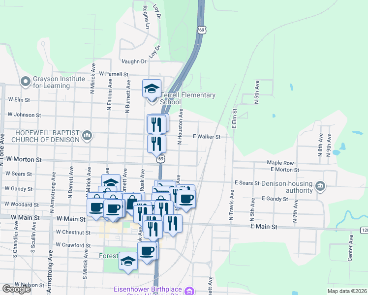 map of restaurants, bars, coffee shops, grocery stores, and more near 122 East Bond Street in Denison