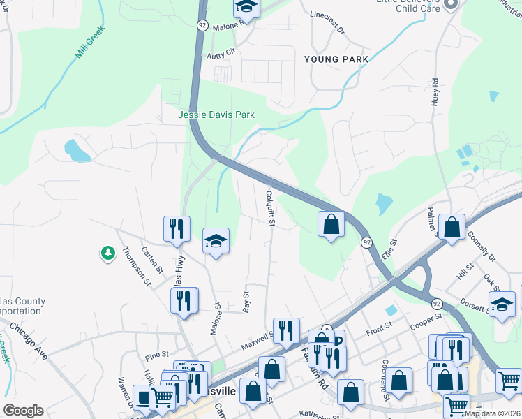 map of restaurants, bars, coffee shops, grocery stores, and more near 8037 Colquitt Street in Douglasville