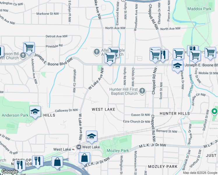 map of restaurants, bars, coffee shops, grocery stores, and more near 227 West Lake Drive Northwest in Atlanta