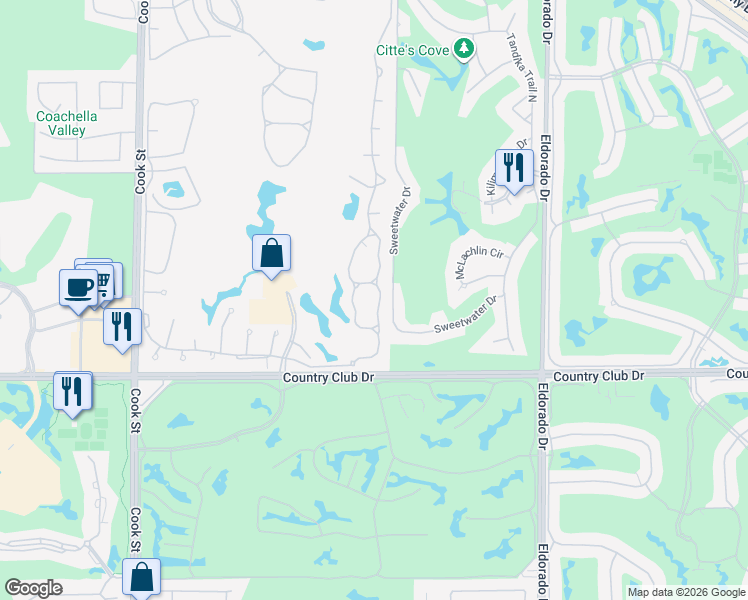 map of restaurants, bars, coffee shops, grocery stores, and more near 157 Desert Falls Drive in Palm Desert