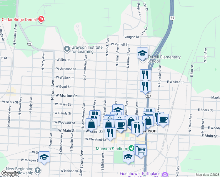 map of restaurants, bars, coffee shops, grocery stores, and more near 517 North Fannin Avenue in Denison
