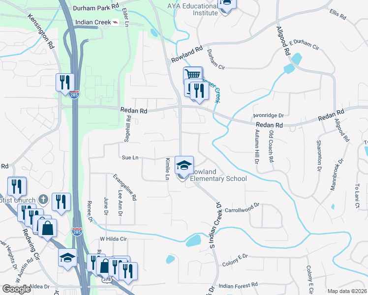 map of restaurants, bars, coffee shops, grocery stores, and more near 1234 South Indian Creek Drive in Stone Mountain