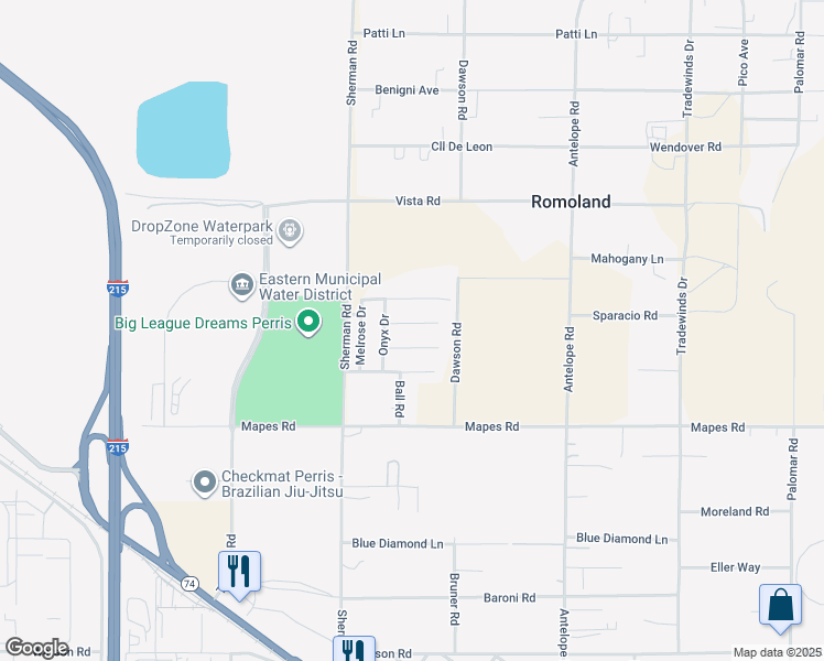 map of restaurants, bars, coffee shops, grocery stores, and more near 27696 Commander Court in Riverside County