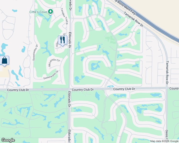 map of restaurants, bars, coffee shops, grocery stores, and more near 76216 Poppy Lane in Palm Desert