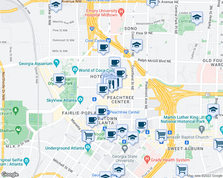 map of restaurants, bars, coffee shops, grocery stores, and more near 235 West Peachtree Street Northwest in Atlanta