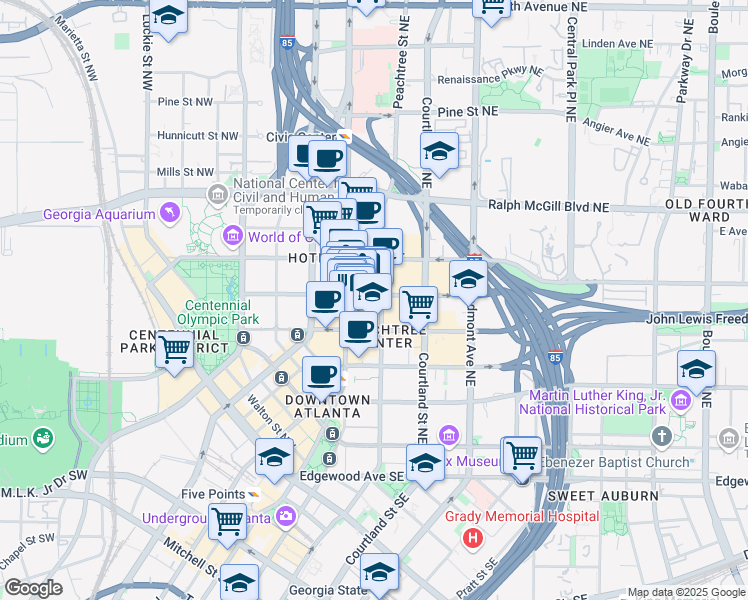 map of restaurants, bars, coffee shops, grocery stores, and more near 235 Peachtree Street in Atlanta