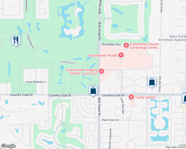 map of restaurants, bars, coffee shops, grocery stores, and more near 1 Lehigh Court in Rancho Mirage