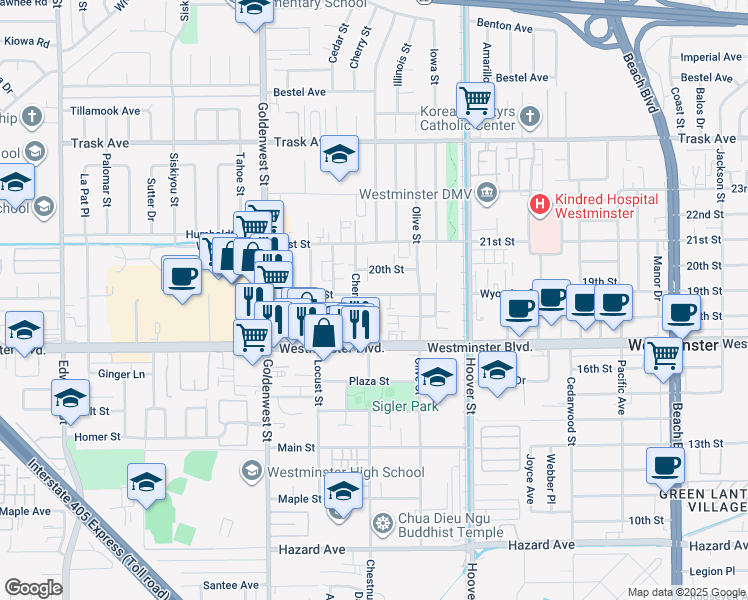 map of restaurants, bars, coffee shops, grocery stores, and more near 7282 Wyoming Street in Westminster