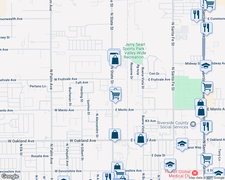 map of restaurants, bars, coffee shops, grocery stores, and more near 832 North State Street in Hemet