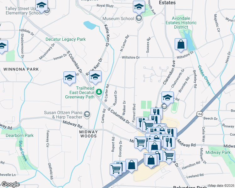 map of restaurants, bars, coffee shops, grocery stores, and more near 1162 Russell Drive in Decatur