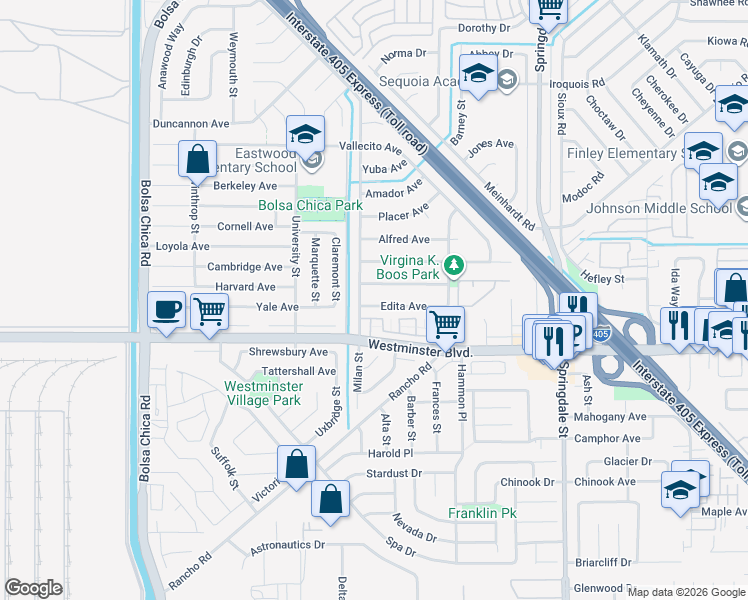 map of restaurants, bars, coffee shops, grocery stores, and more near 5561 Edita Avenue in Westminster