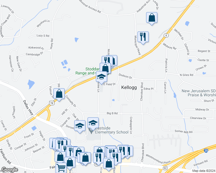 map of restaurants, bars, coffee shops, grocery stores, and more near 7996 East Field Drive in Douglasville