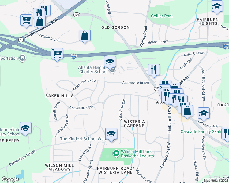 map of restaurants, bars, coffee shops, grocery stores, and more near 3755 Bakers Ferry Road Southwest in Atlanta