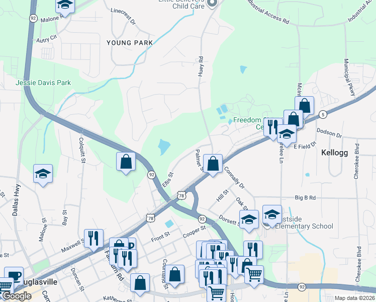map of restaurants, bars, coffee shops, grocery stores, and more near 6201 Ellis Street in Douglasville