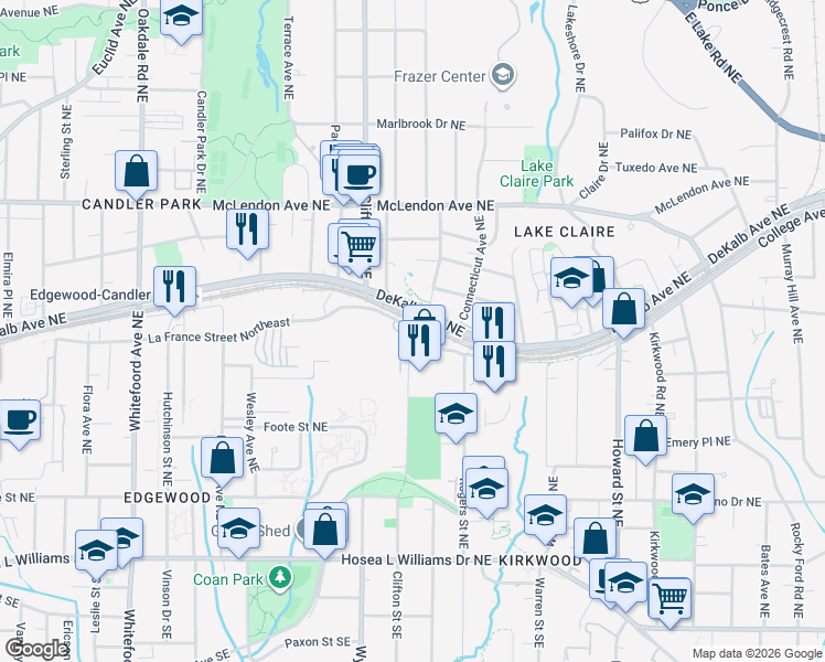 map of restaurants, bars, coffee shops, grocery stores, and more near La France Street Northeast & Arizona Ave NE in Atlanta