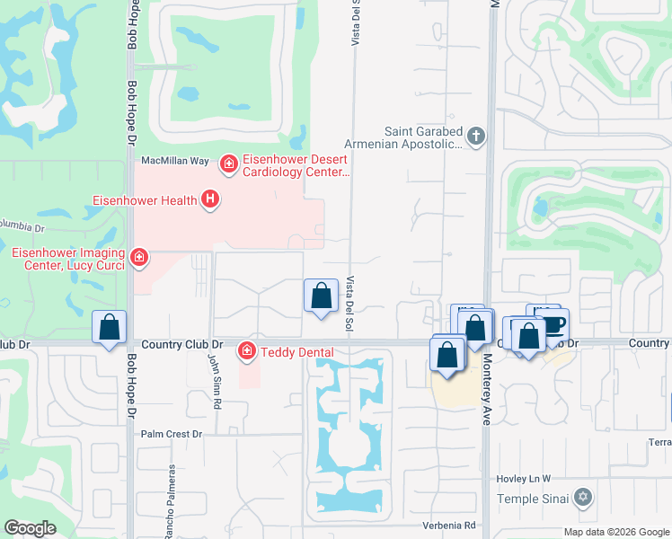 map of restaurants, bars, coffee shops, grocery stores, and more near 1 Carrera Place in Rancho Mirage