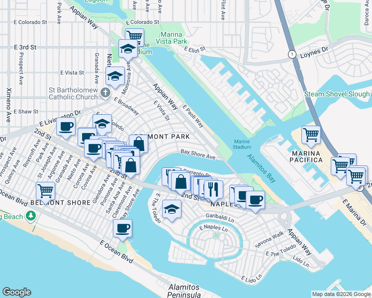map of restaurants, bars, coffee shops, grocery stores, and more near 323 Bay Shore Avenue in Long Beach