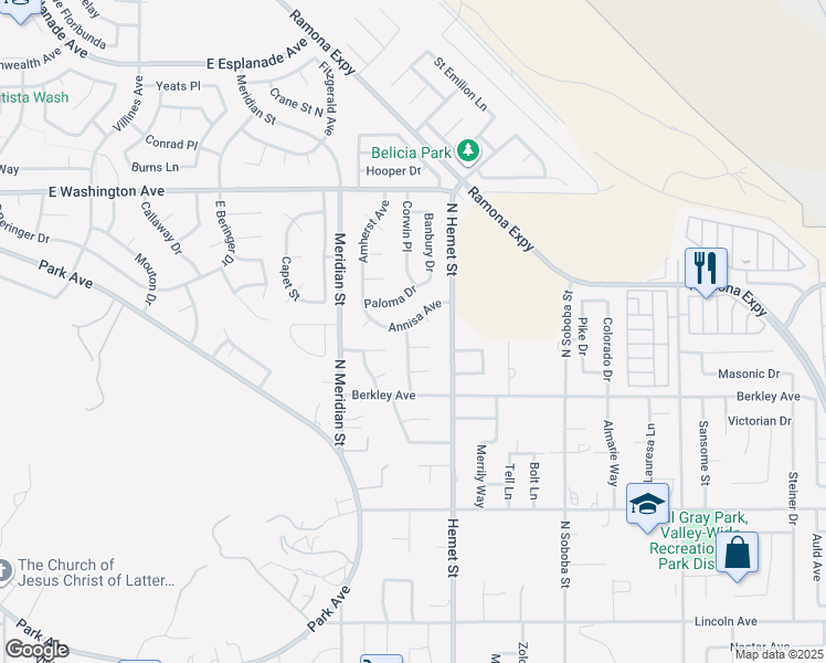 map of restaurants, bars, coffee shops, grocery stores, and more near 4323 Annisa Avenue in Hemet