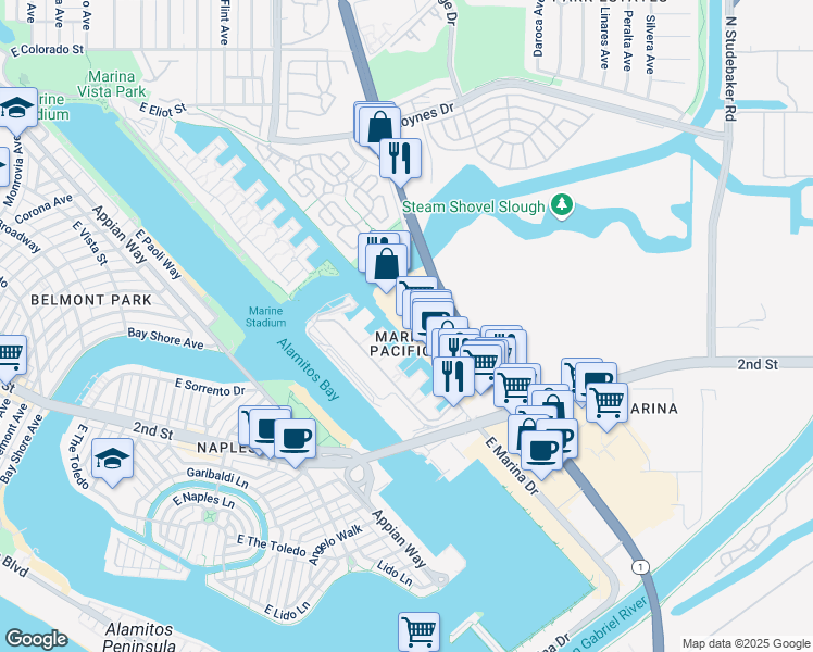 map of restaurants, bars, coffee shops, grocery stores, and more near in Long Beach