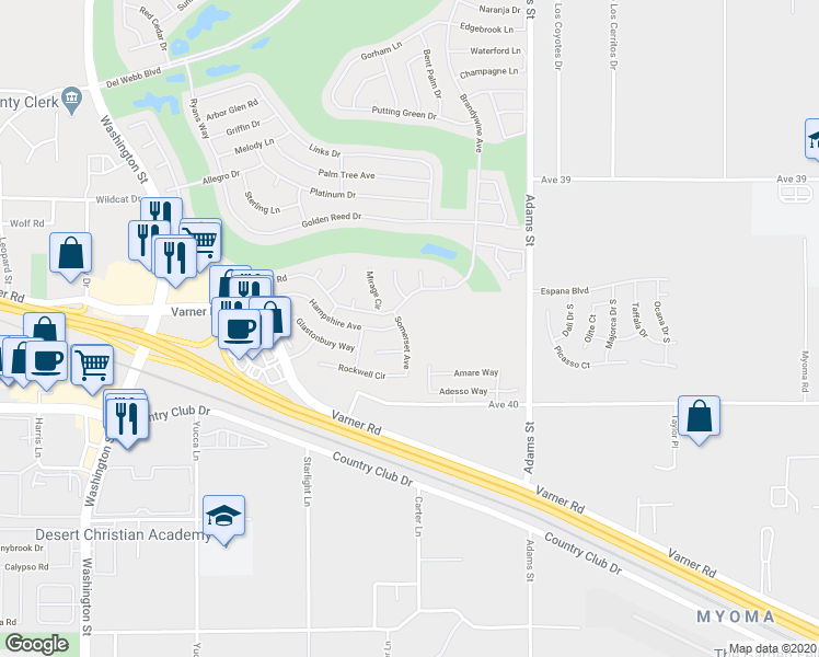 map of restaurants, bars, coffee shops, grocery stores, and more near 39732 Somerset Avenue in Palm Desert