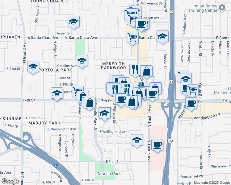 map of restaurants, bars, coffee shops, grocery stores, and more near 1945 17th Street in Santa Ana