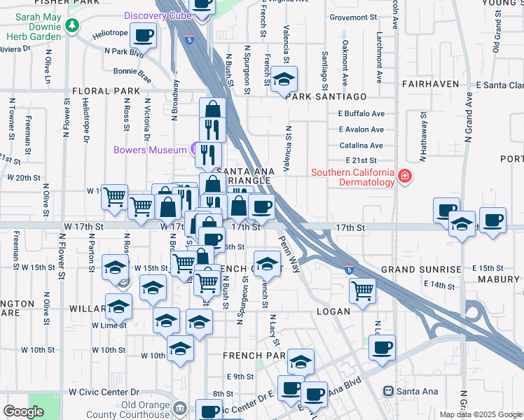 map of restaurants, bars, coffee shops, grocery stores, and more near 317 17th Street in Santa Ana