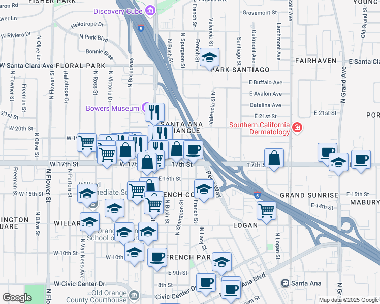 map of restaurants, bars, coffee shops, grocery stores, and more near 317 17th Street in Santa Ana
