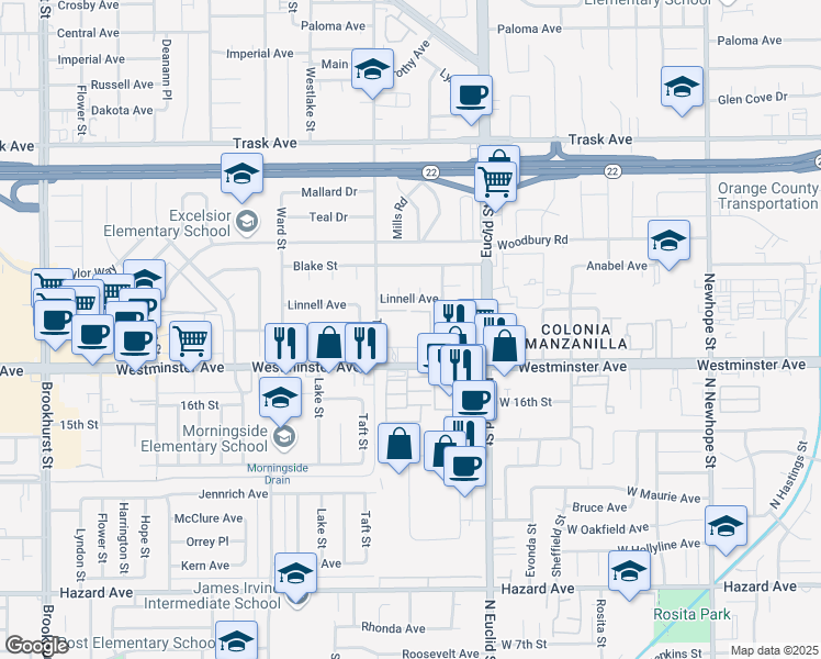 map of restaurants, bars, coffee shops, grocery stores, and more near 13902 Taft Street in Garden Grove