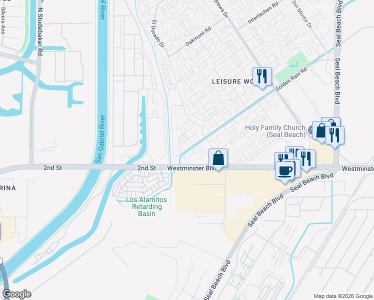 map of restaurants, bars, coffee shops, grocery stores, and more near 1232 Golden Rain Road in Seal Beach