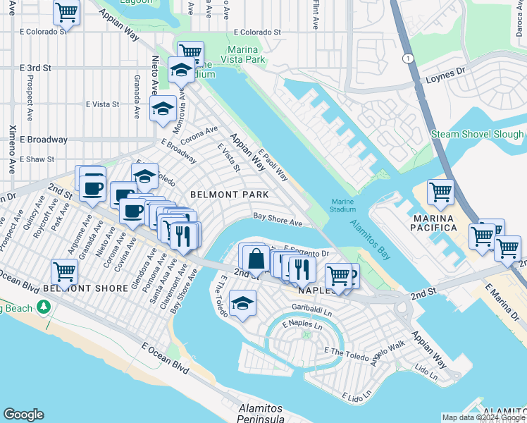 map of restaurants, bars, coffee shops, grocery stores, and more near 323 Bay Shore Avenue in Long Beach
