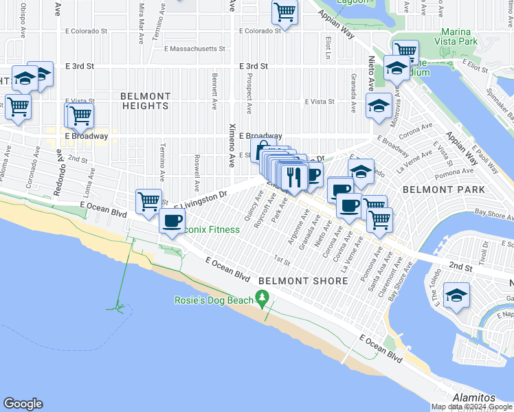 map of restaurants, bars, coffee shops, grocery stores, and more near 149 Roycroft Avenue in Long Beach