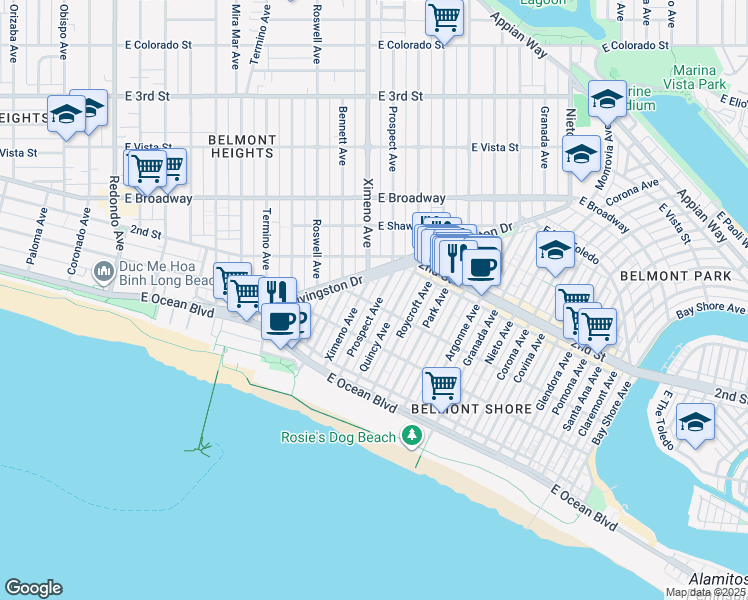 map of restaurants, bars, coffee shops, grocery stores, and more near in Long Beach
