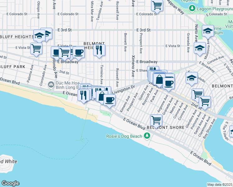 map of restaurants, bars, coffee shops, grocery stores, and more near 130 East 1st Street in Long Beach