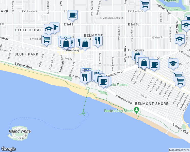 map of restaurants, bars, coffee shops, grocery stores, and more near in Long Beach