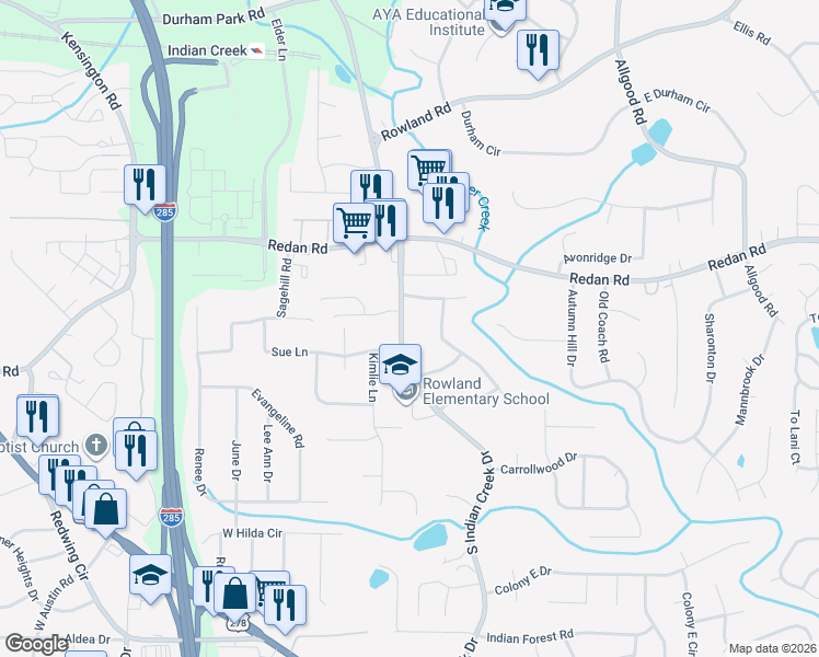 map of restaurants, bars, coffee shops, grocery stores, and more near 1234 South Indian Creek Drive in Stone Mountain