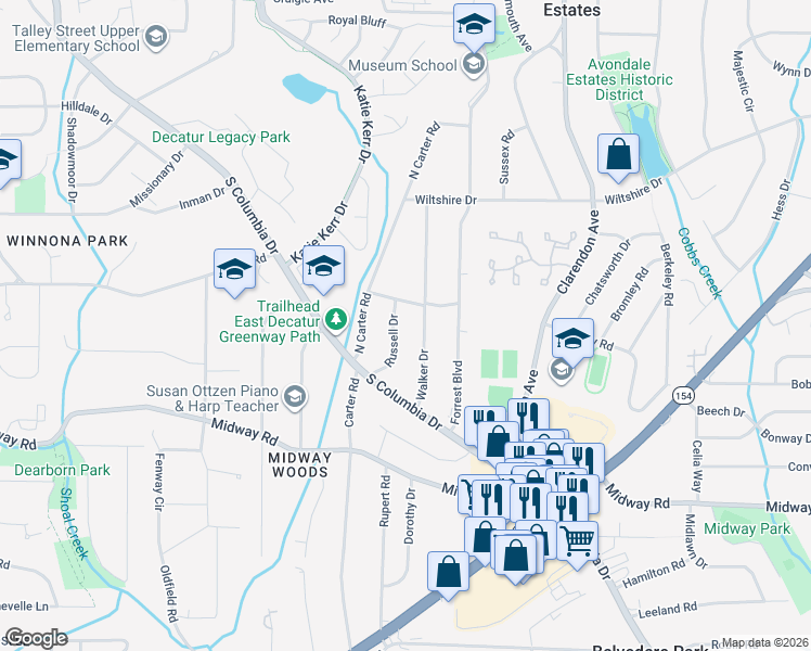 map of restaurants, bars, coffee shops, grocery stores, and more near 1162 Russell Drive in Decatur