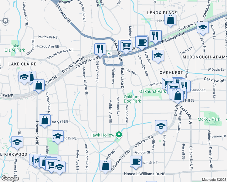 map of restaurants, bars, coffee shops, grocery stores, and more near 113 Madison Avenue in Decatur