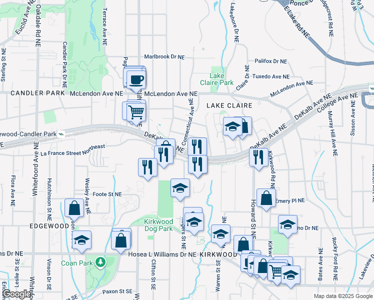 map of restaurants, bars, coffee shops, grocery stores, and more near 1786 DeKalb Avenue Northeast in Atlanta