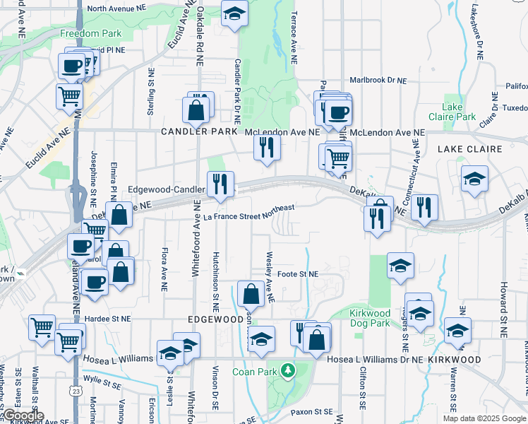 map of restaurants, bars, coffee shops, grocery stores, and more near 232 Carlyle Park Drive in Atlanta